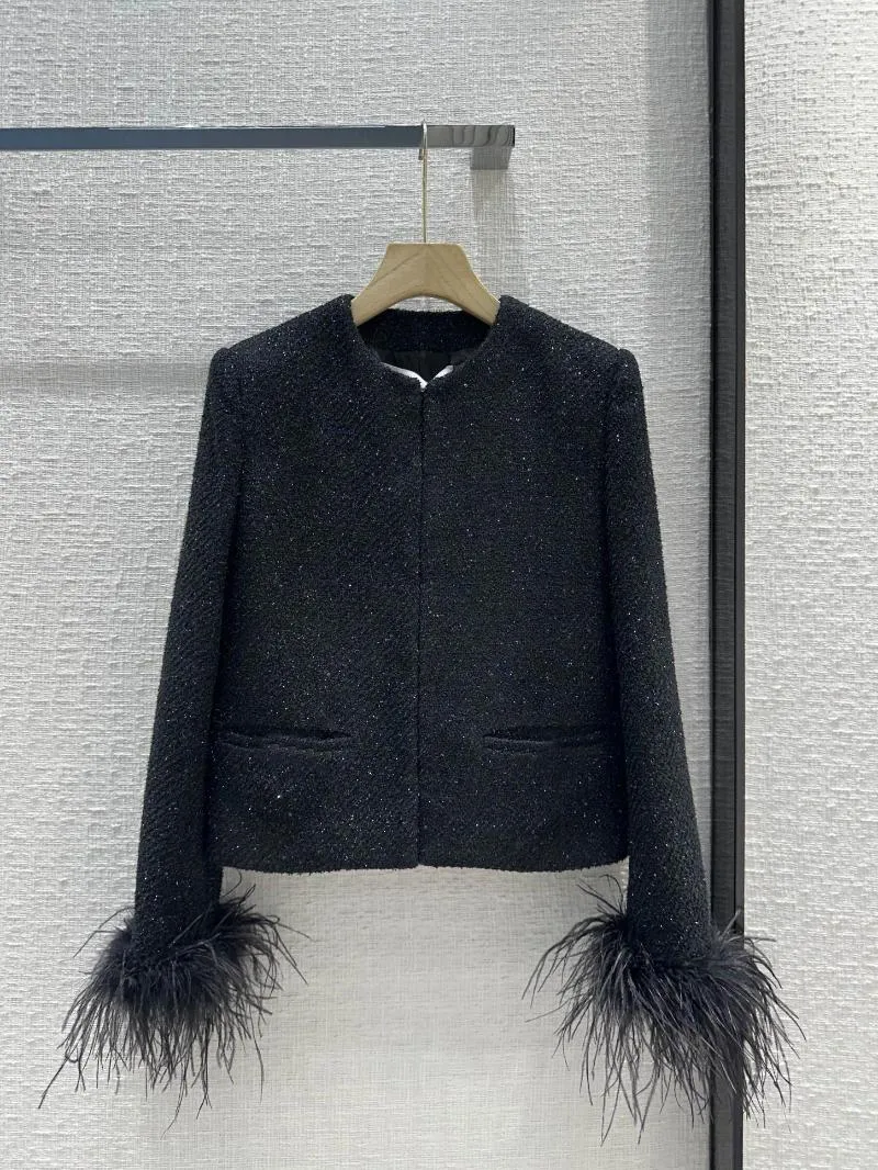 女性用ジャケット23秋/冬の羽の袖明るシルクブラックソフトコート織りツイードファブリックテクスチャは繊細です1228