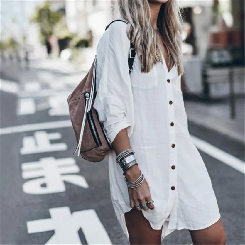 Summer Beach Cover-Up Women Tops Swimsuit Cover Up Plus Size Long Sleeve White Cotton Shirt Dress Fashion Button Beachwear Tunic S228b