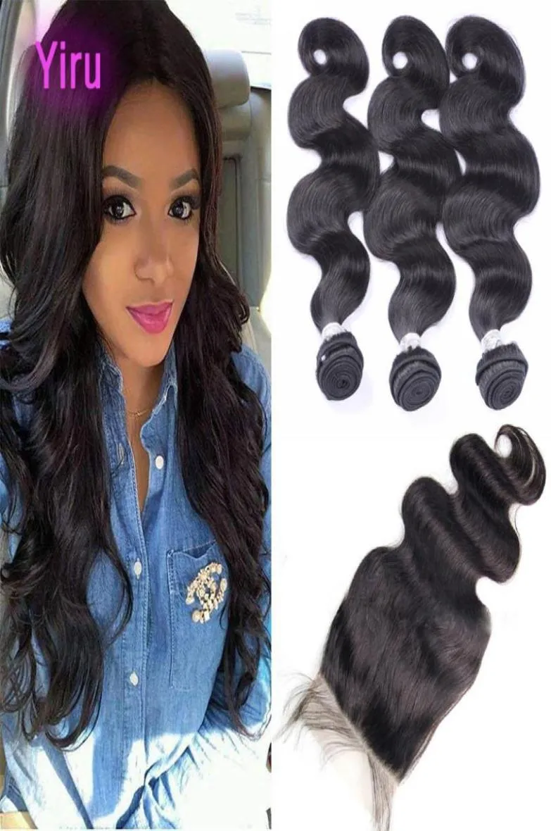 Indian Virgin Hair 6x6 spetsstängning med mänskliga hårbuntar 1028 tum kroppsvåg 4st Natural Color7459199