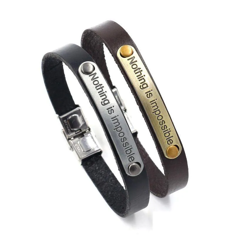 Charme pulseiras nada é impossível pulseiras inspiradoras para mulheres homens uni carta charme pulseira de couro pulseira moda jóias dhonl