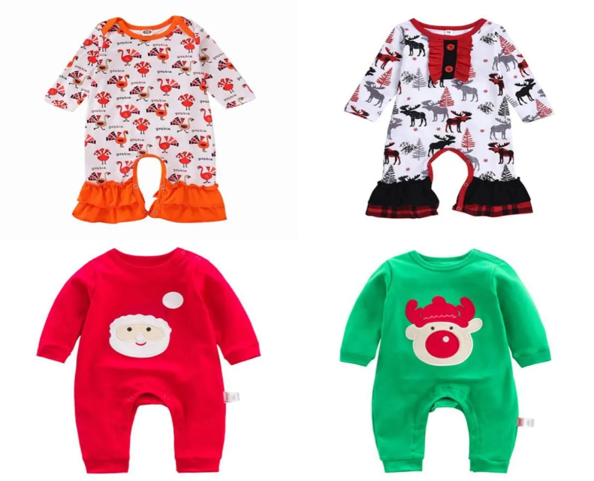 Baby Christmas Jumpsuits Toddler Boys Cartoon Turkey Snowman Romper Kids Lersure Clothes Infant Girls Ruffle Letter Onesies Outfit7879064