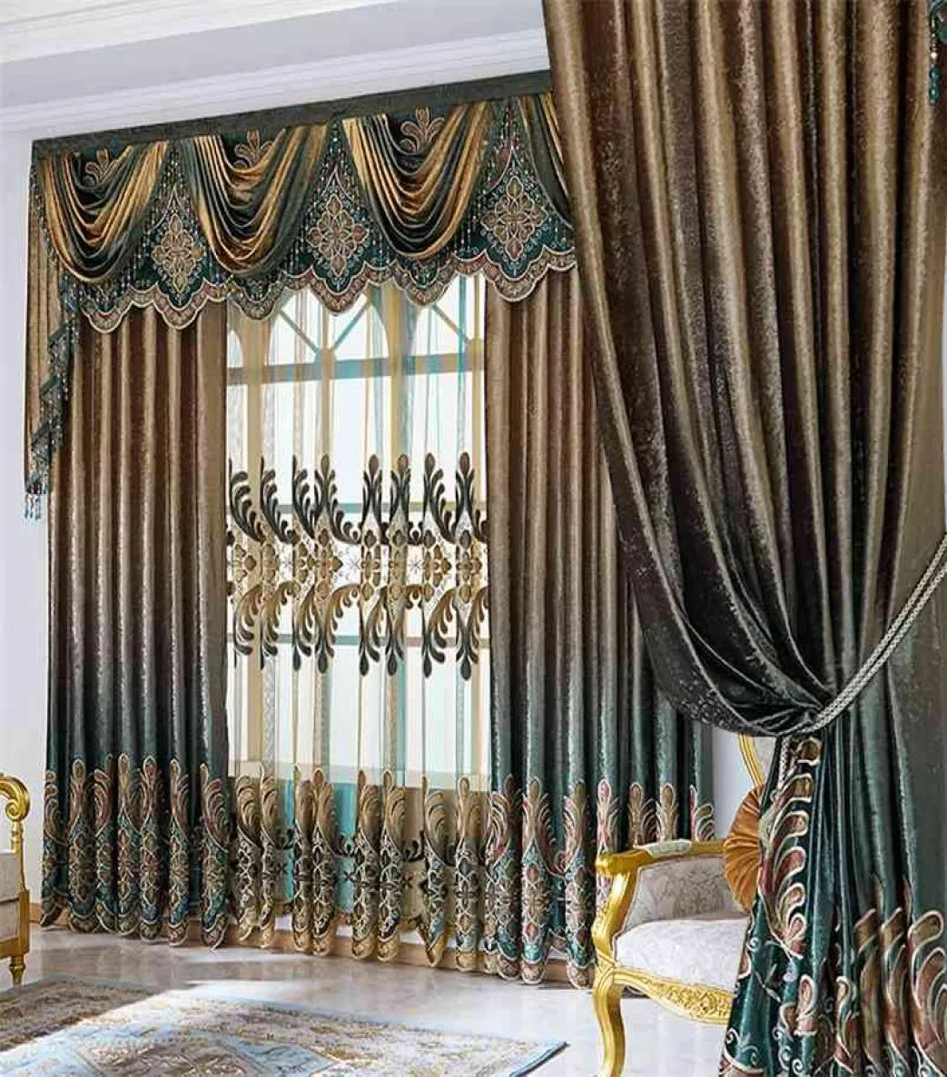 Conjunto de cortinas de luxo europeu com saia para sala de estar conjunto de cortinas azuis bronzeadas prontas 051 2109134771000