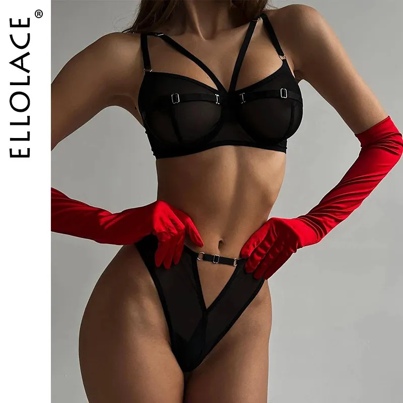 Ellolace Dessous-Set für Damen, 2-teilig, durchsichtige Spitze, Bilizna, nahtloses Netz, intimer, sexy BH und Höschen, transparente Unterwäsche 240305