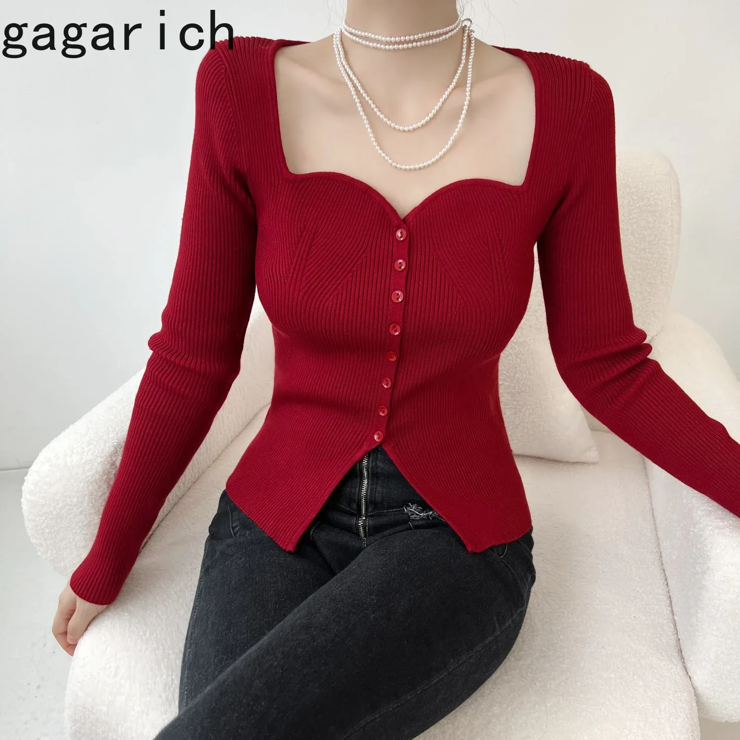 Tulunma Gagarich Fransız Stil Vintage Borçuklu İnce Örme Uzun Kollu Kare Boyun Dalgalı Yaka Düğmeli En İyi Kadın Sweater