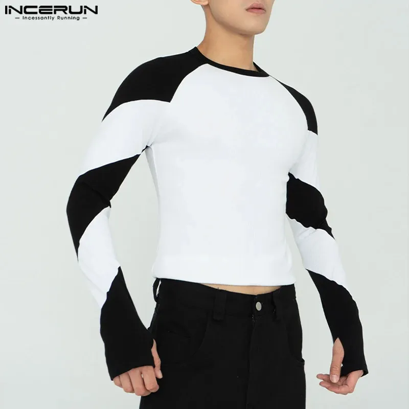 INCERUN Men Casual T Shirt Patchwork Round Neck Long Sleeve Cozy Men Clothing Stylish Streetwear Leisure Camisetas S-5XL 240220