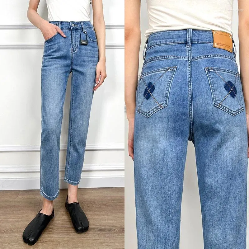 Kvinnors jeans hög midja fotled rakt ben 2024 sommar i denim byxor koreanskt mode