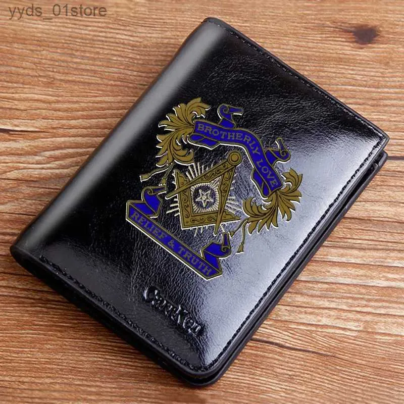 Money Clips Male Genuine Leather Wallets Masonic Brotherly Printing Men Wallet Small Card Holder Hasp Pocket Zipper Short wallets L240306