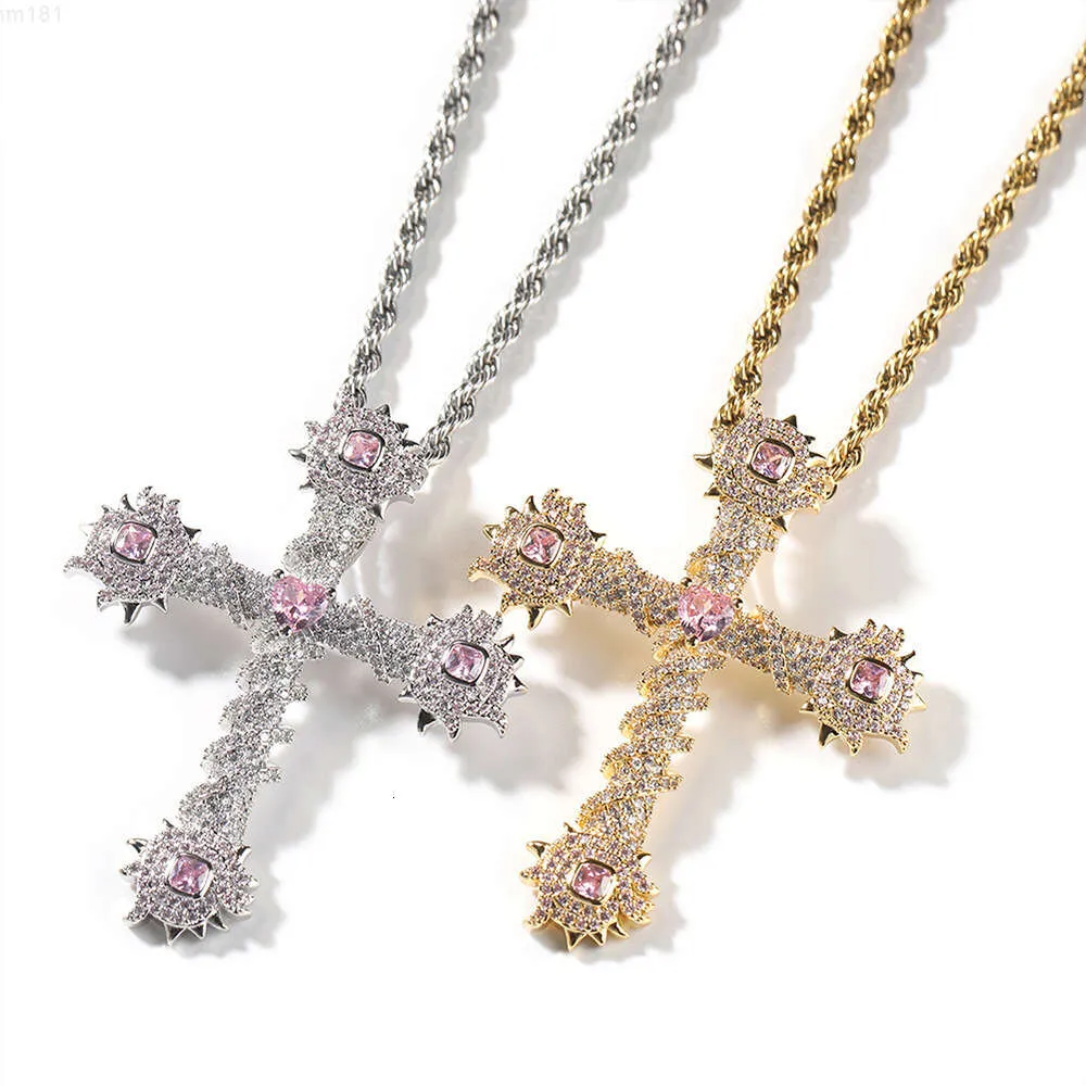 Wholesale Hip Hop Gold Plated Icy Bling Cz Cross Pendant Necklace Jewelry Women Men Iced Out Pink Spiked Heart Cross Pendant