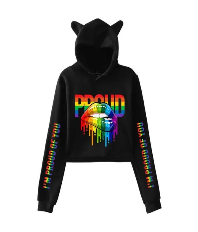 LGBT Pride Kawaii Crop Top Sweat à capuche Love Wins Lesbiennes Gays Bisexuels Funny Cat Ear Cropped Short Sweatshirt Pull à capuche Tops9606980