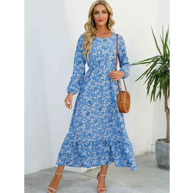 Dress Elegant Beach Dress Women Floral Bohemian Dress High Waist Long Sleeve Maxi Dresses Ladies 2022 Fashion Chic Party Robe Outfits