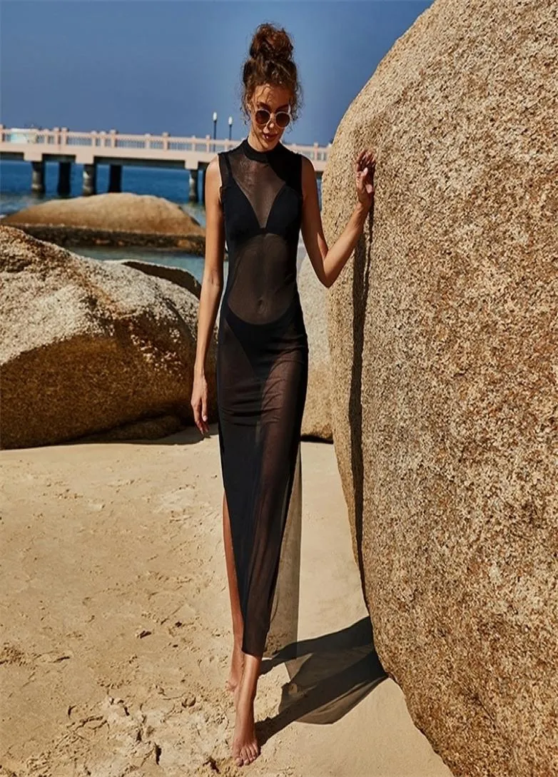 Kvinnor klär sommar sexig jumpsuit mesh ren coverup bodysuit o nack svart bikini baddräkt strand underkläder täcker klänning 2205272103046