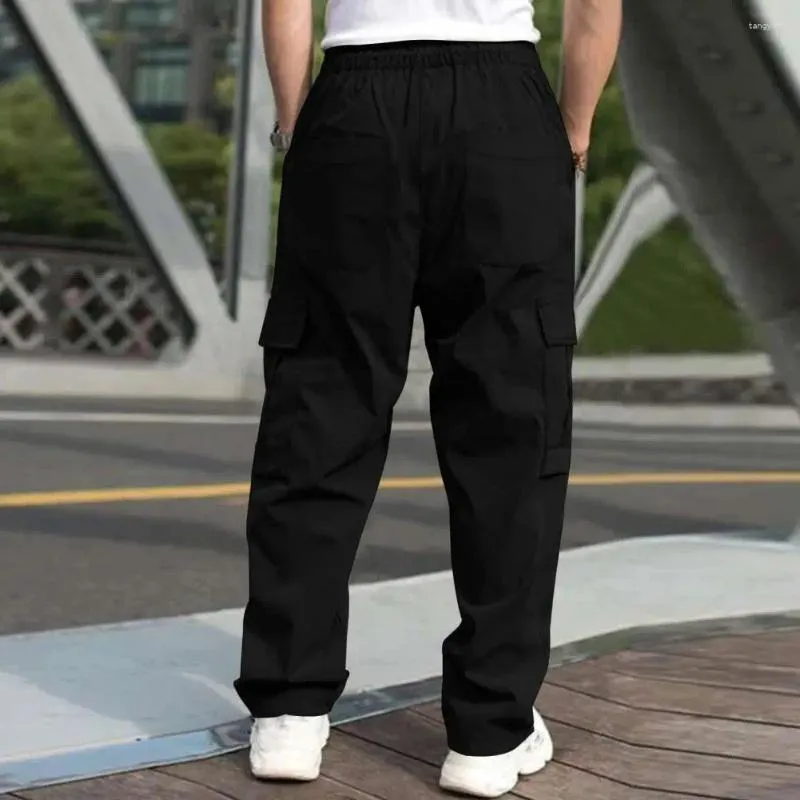 Calças masculinas bolso lateral homens sweatpants streetwear carga com cordão cintura vários bolsos para confortável elegante todos os dias