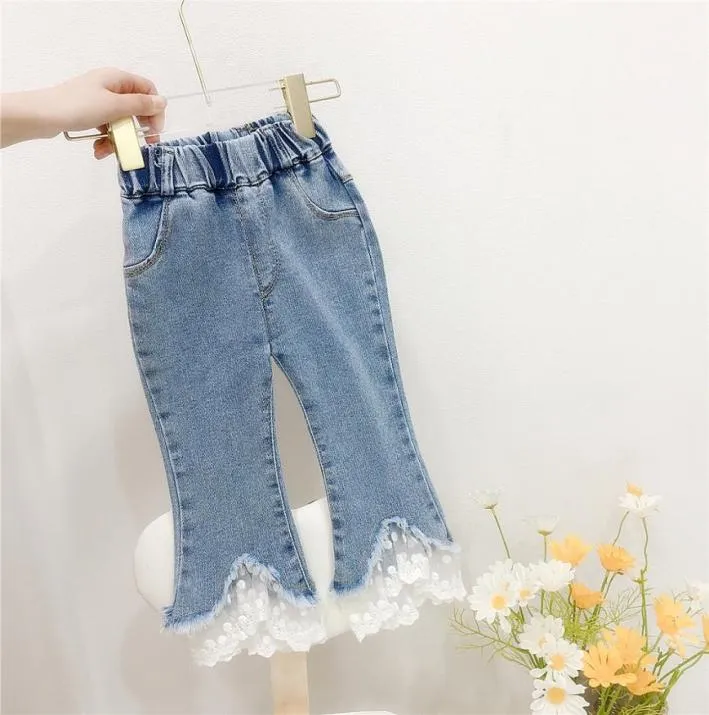 Girls lace flare jeans kids gauze embroidery falbala denim pants INS children casual cowboy trouser A82302189419