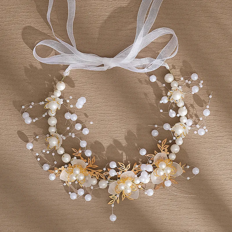 Fashion Headpieces White Pearl Rhinestone Flower Leaf Branch Handmade Bridal Hair Band Head Accessories Wedding Jewelry