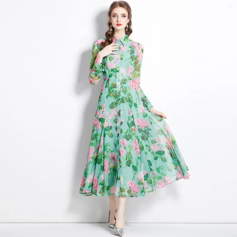 Casual jurken lente herfst runway mode enkele rij knopen bloemenprint elegante maxi dames lange mouwen Elbise Boutique gewaden
