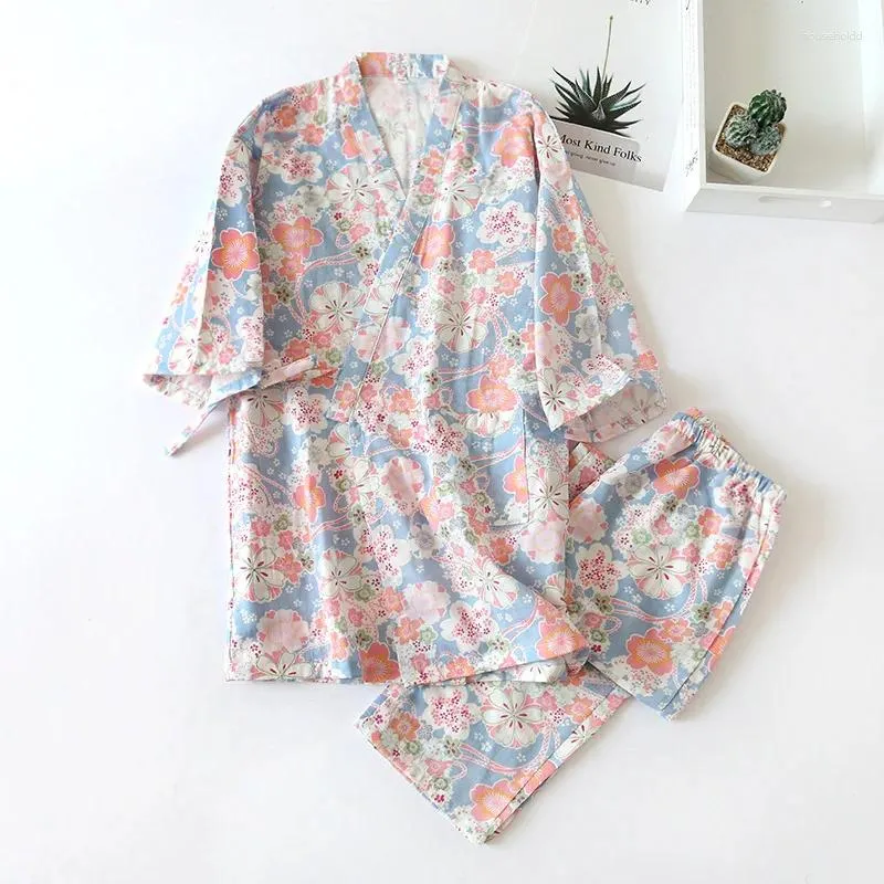 Mulheres Pijamas Kisbini Kimono Estilo Mulheres Pijama Conjunto Flor Impresso Outono Primavera Feminino Algodão Solto Homewear Pijamas