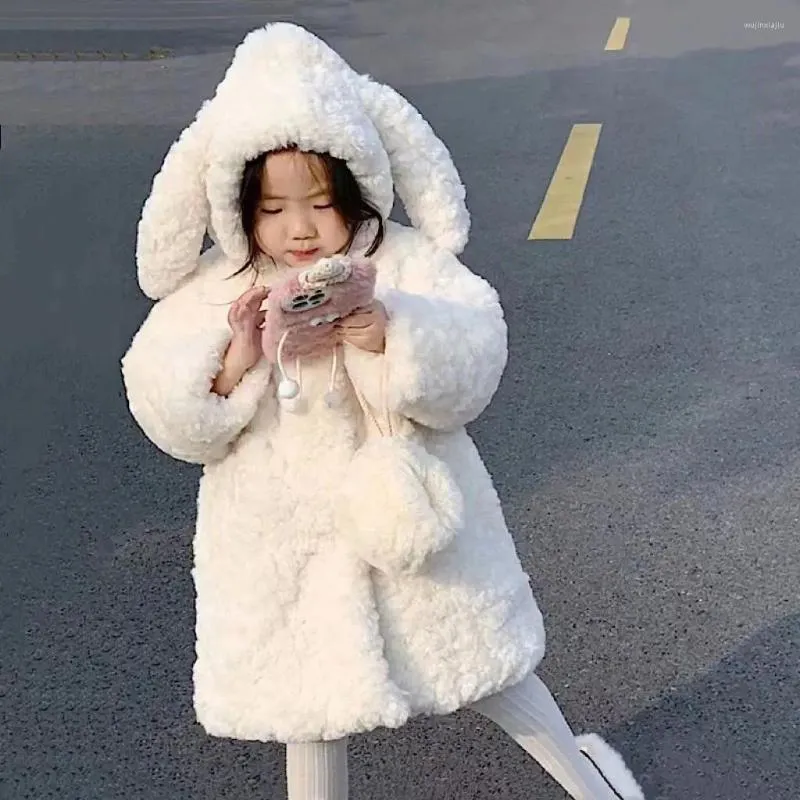 Manteau d'hiver en duvet pour enfants, veste Parka en fourrure de peluche blanche, vêtements pour filles, fausse combinaison de neige, pardessus d'extérieur