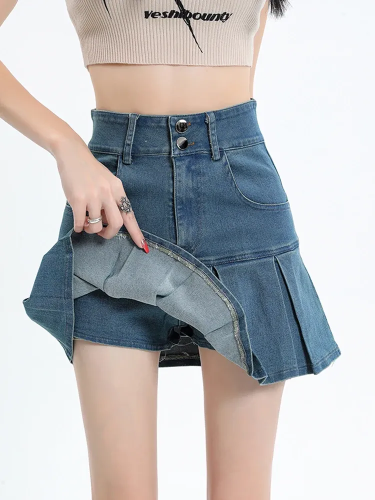 Vestidos zoki sexy plissado mulheres cintura alta denim saia coreano moda bolsos uma linha saias verão haruku alta qualidade saia vintage