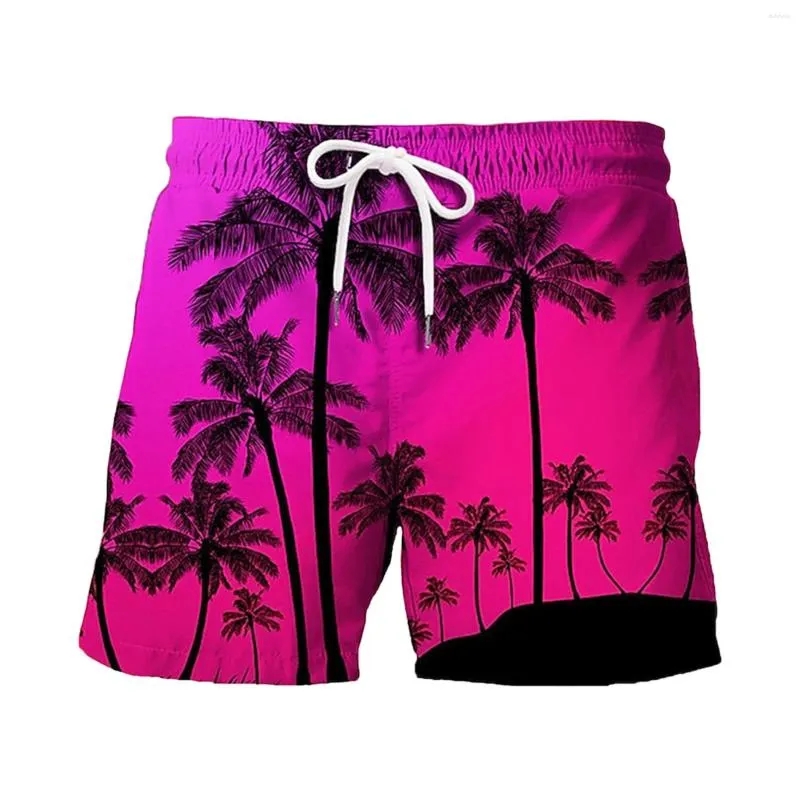 Pantaloncini da uomo Costume da bagno da uomo con stampa di albero di cocco con coulisse e doppia tasca Costume da bagno casual estivo hawaiano per vacanze al mare