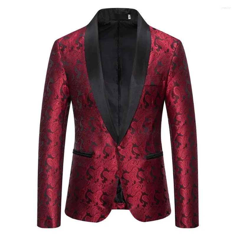 Costumes pour hommes Hommes Rouge Floral Tuxedo Veste Jacquard Costume Slim Fit Un Bouton Blazer Hommes Mariage Bal Dîner Scène Vêtements Pour Chanteurs