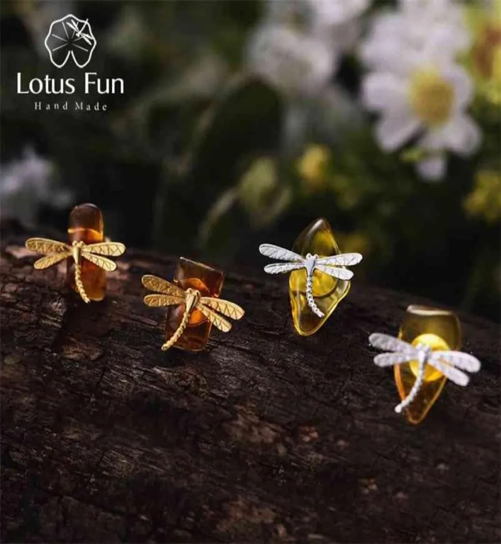 Lotus Fun Real 925 Sterling Silver Natural Amber Handmade Fine Jewelry 18K Gold Cute Dragonfly Stud Earrings for Women Brincos 2105791824