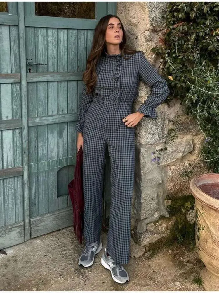 Verstoorde Geruite Jumpsuit Damesmode Causale O-hals Lange Mouwen Knoppen Jumpsuits Vrouwelijke Chic Hoge Taille Streetwear 2024 Nieuwe