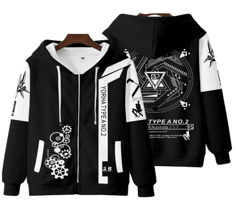 Anime NieR Automata 2B YoRHa No 2 Type B 9S YoRHa No 9 Type S Disfraz de cosplay Sudadera con capucha 3D unisex Chaqueta con capucha y cremallera Outwear5379580