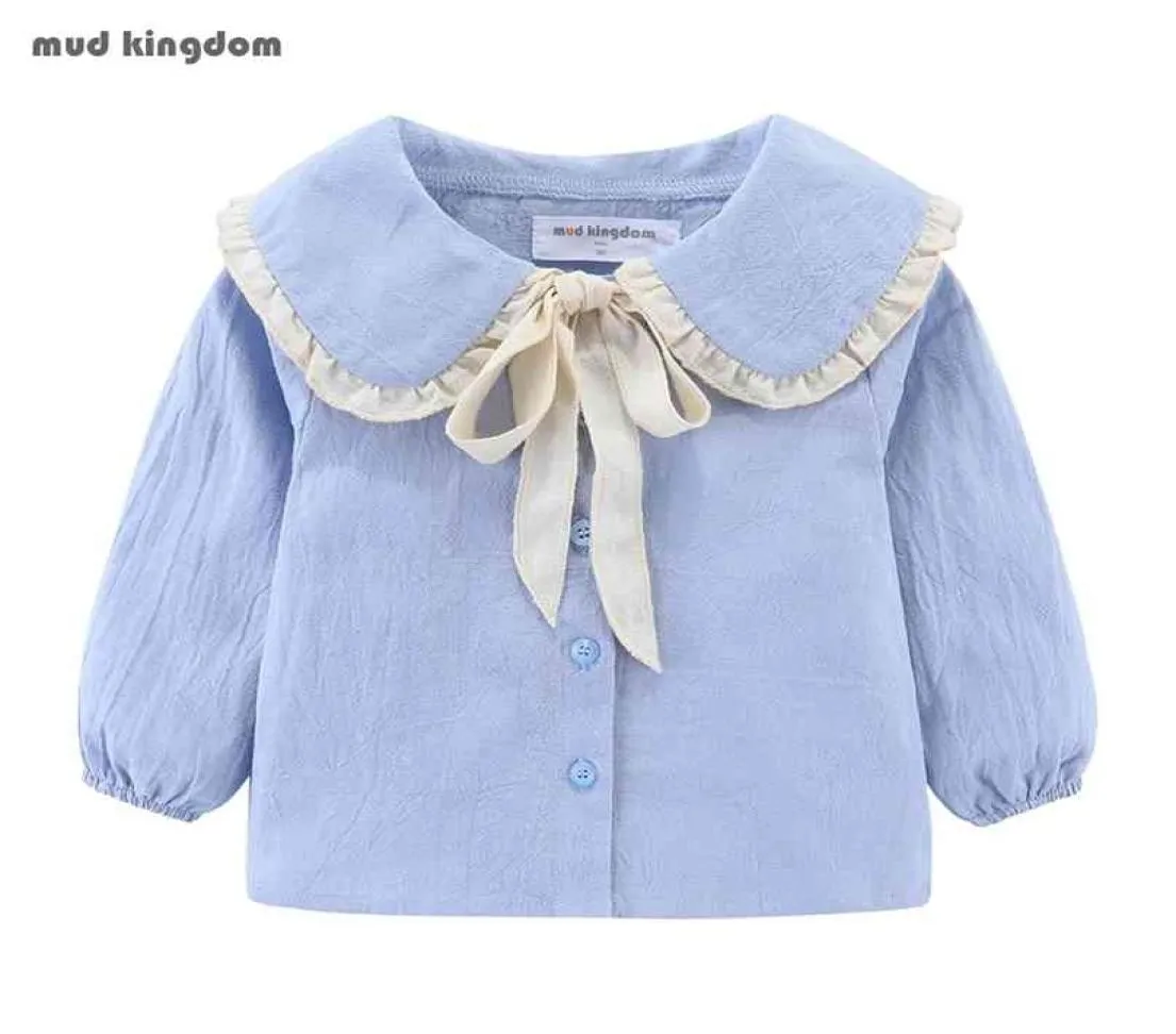 Mudkingdom Baby Tops Cotton Long Sleeve Ruffles Slå ner krage design Sweet Toddler Girls Blus med Bow 2108027693261