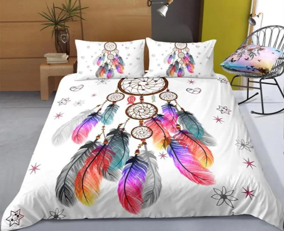 Wit Dreamcatcher-beddengoedset, kingsize geschilderd, eenvoudig 3D-dekbedovertrek Quee8417714