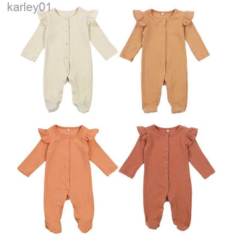 Footies 0-6 mois bébé filles côtelé Footies combinaison col rond manches longues en dentelle couleur unie barboteuse pour filles envelopper pied pantalons longs YQ240306