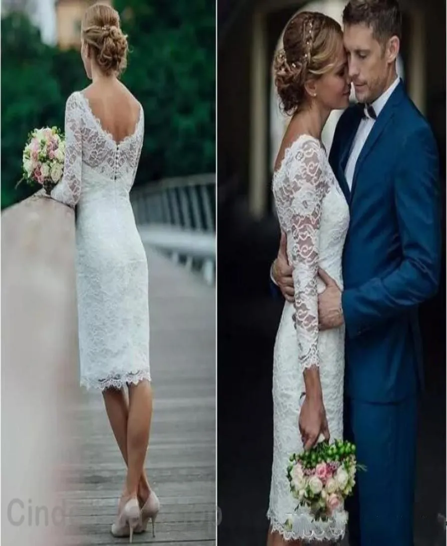 Cheap Lace Short Wedding Dresses Bateau Backless 34 Long Sleeves Sheath Illusion Bodice Knee Length Beach Country Bridal Gowns2156119