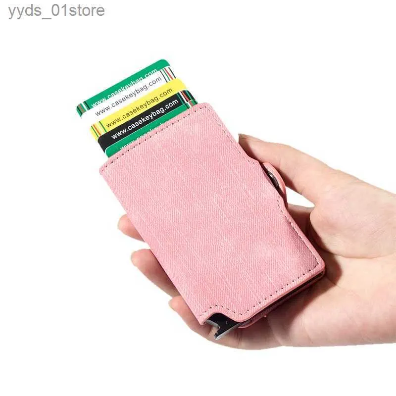 Geldklammern Casekey Männliche Brieftasche Mode Denim Leder Pop-Up-Kartenhalter Diebstahlsicheres Aluminiummetall Smart Wallet Mini-Geldbeutel Geldtasche für Männer L240306