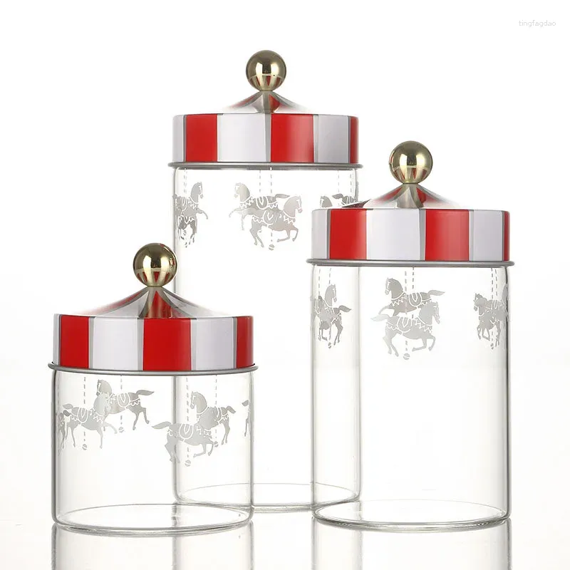 Storage Bottles Airtight Jar Carousel Biscuit Coffee Moisture-proof Transparent Tank Glass Candy Box LH