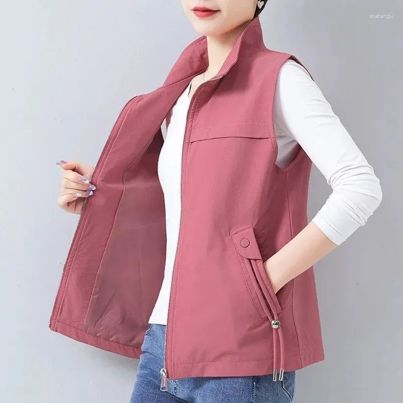 Gilet da donna Gilet Casual 2024 Primavera Autunno Colletto alla coreana Cappotto senza maniche Gilet femminile coreano in puro colore