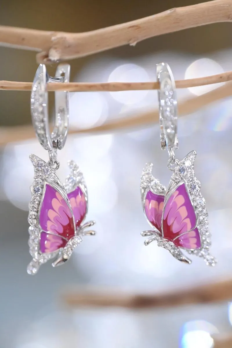 Boucles d'oreilles pendantes série romantique en émail, argent sterling 925, motif papillon rose, plaqué or, pour femmes