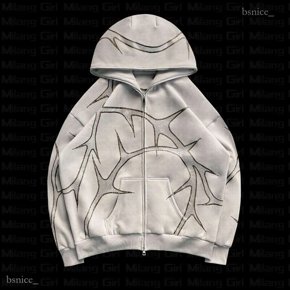 Men's Tracksuits Rhinestones Print Full Zip Hoodie Loose Set Men Fashion Streetwear Y2k Gothic Hip Hop Sweatshirts Clothing 1241