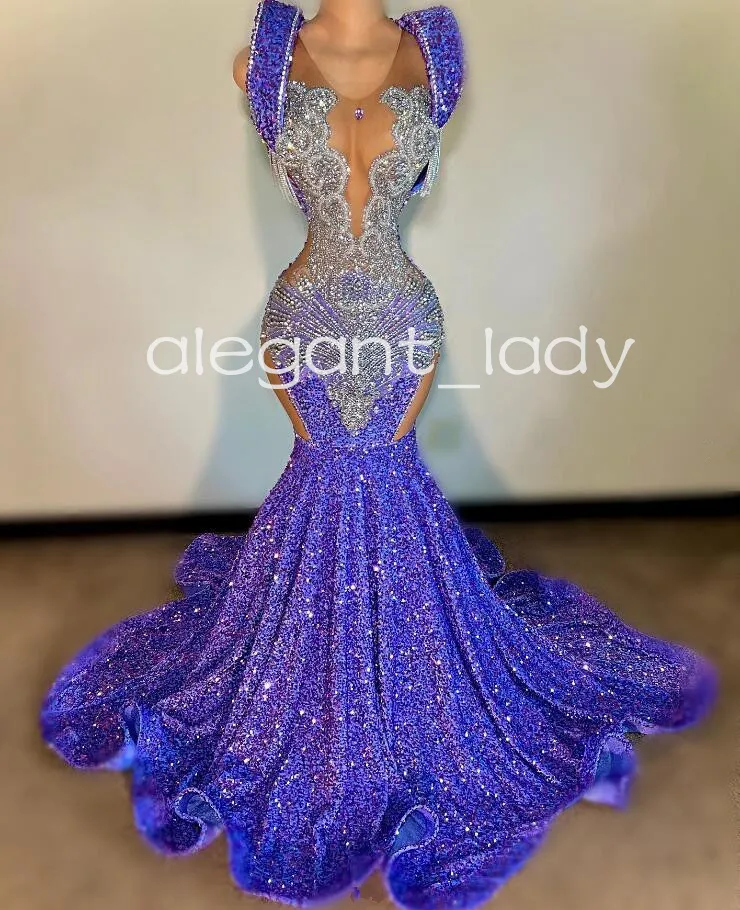 Lilac Purple Sparkly Mermaid Prom Dresses for Black Girl 2024 Luxury Diamond Velvet Evening Gala Gown vestidos de fiesta