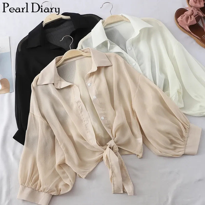 Chemise Pearl Diary Chemises en mousseline de soie froissée pour femmes, manches ballon boutonnées, Cover-Up de plage, haut transparent, cravate sur le devant, hauts de plage élégants