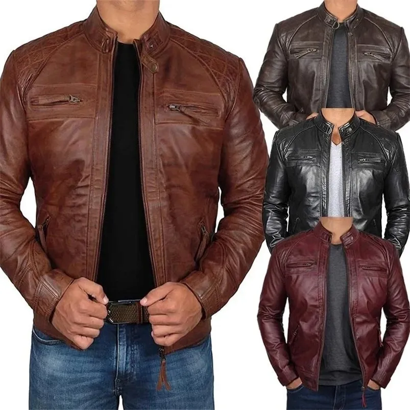 プラスサイズのジャケットS-5XLメンズ秋の冬のレザージャケットカジュアルスタンドカラーバイクバイクバイカーコートジップアップアウトウェア240305