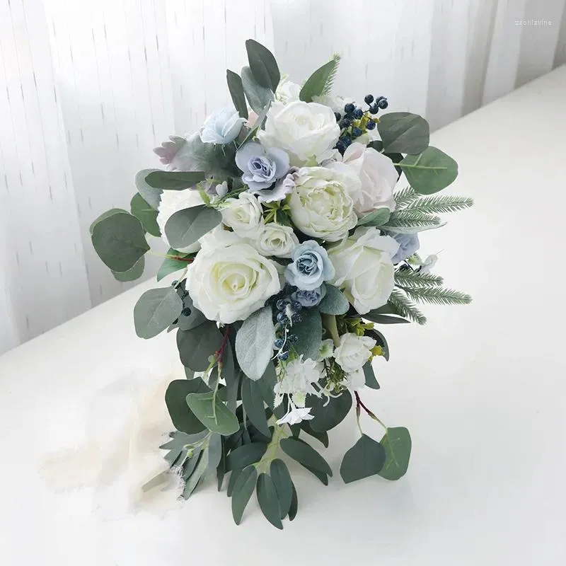 Flores de casamento azul branco cachoeira buquê de noiva dama de honra artificial flor falsa folha verde mariage festa festival decorações