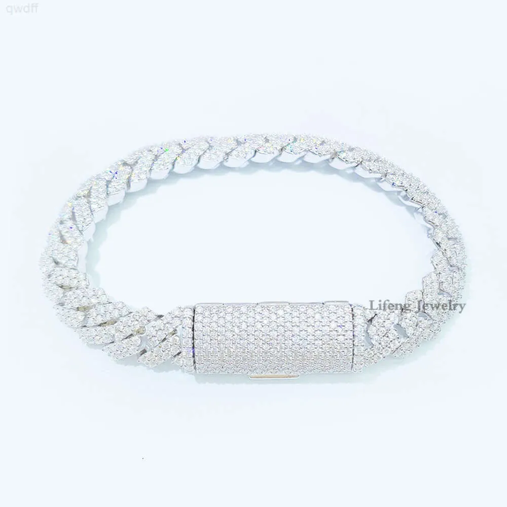 Vittguldpläterat 10mm 2Rows VVS Moissanite Pass Diamonds Tester Kubansk länkkedja Sterling Silver Fashion Jewelry Armband