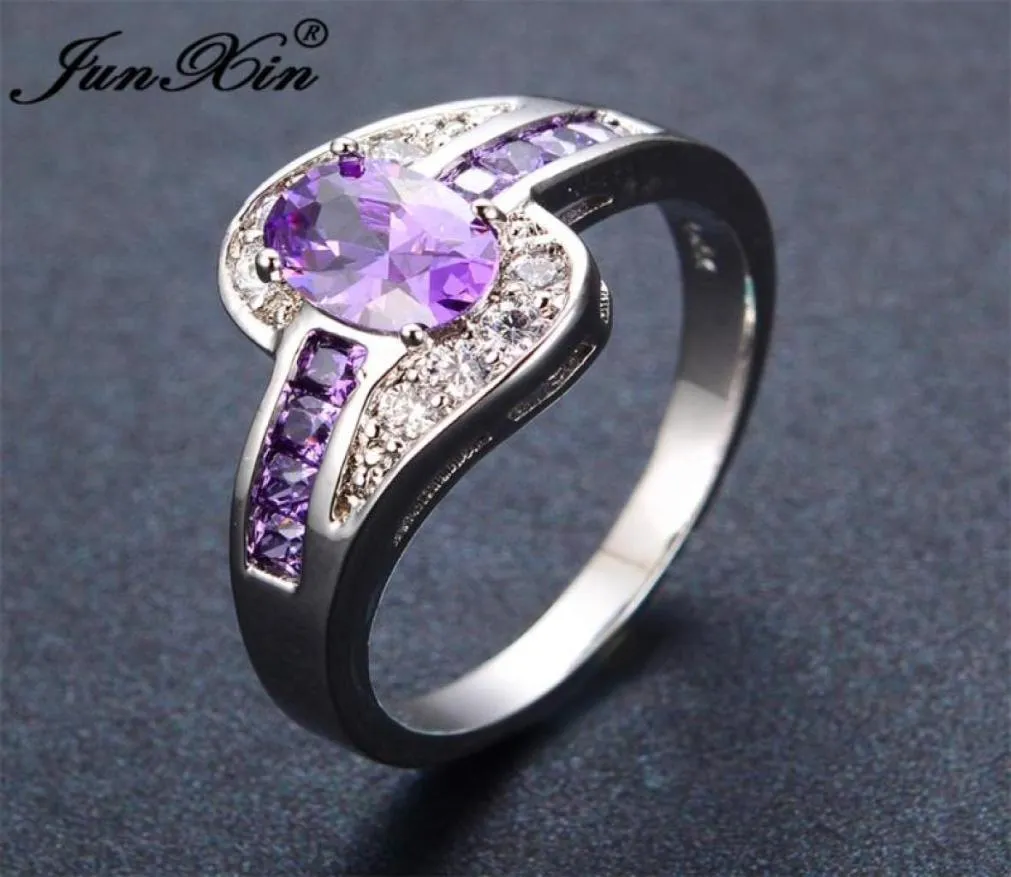 Wedding Rings JUNXIN Female Purple Oval Ring Fashion White Black Gold Filled Jewelry Vintage For Women Birthday Stone Gifts6282810