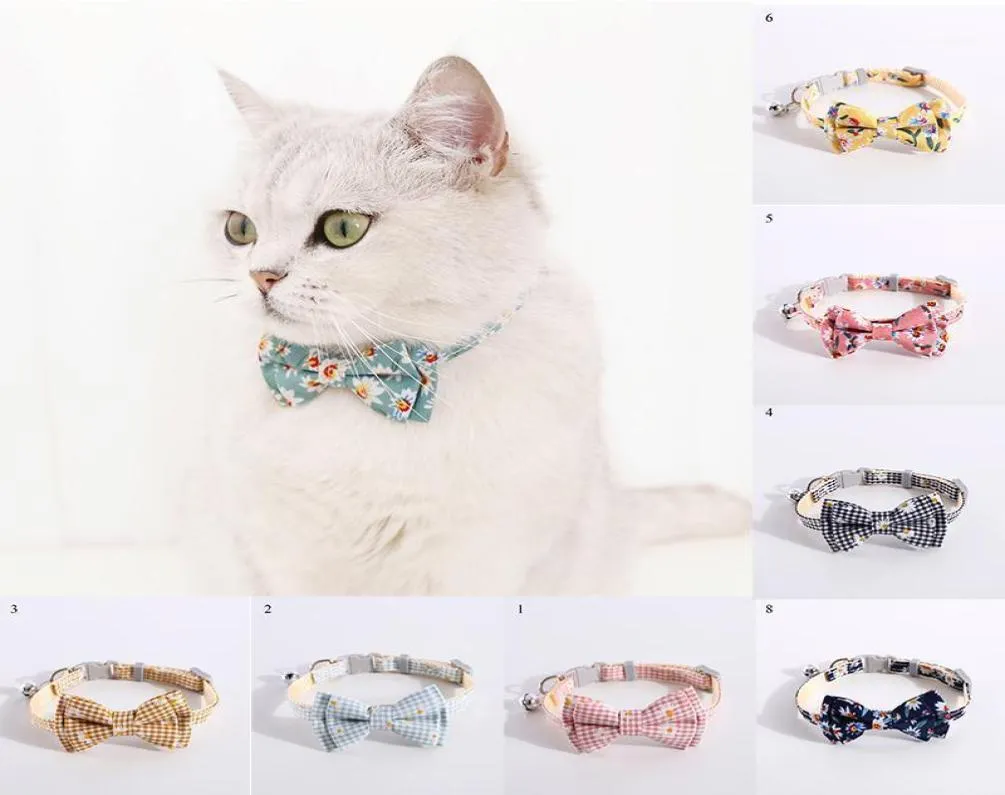 Katzenhalsbänder, Leinen, Gänseblümchen-Druck, Stoff, Baumwolle, Hundehalsband, Haustier-Fliege, hübsches Halsband, blau, rosa Schleife, niedlich für kleine Mittel7206034