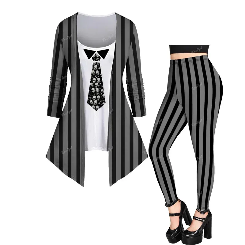 Kostymer 3D -dödskallar slipsar tryckt halloween matchande set gotisk asymmetrisk tshirt mager leggings kvinnor avslappnade randiga tryck kläder xs6x