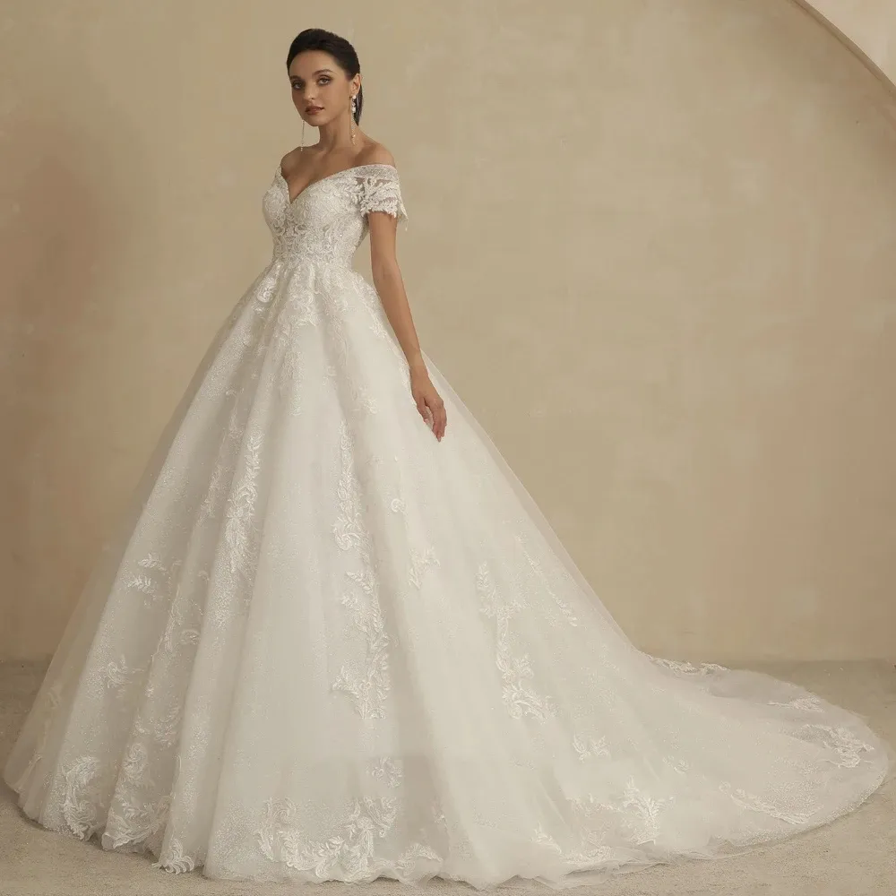 New Off Shoulder Lace Wedding Dress 2024 For Women Sleeveless Vintage Shinny Glitter Bridal Ball Gown Vestidos De Novia
