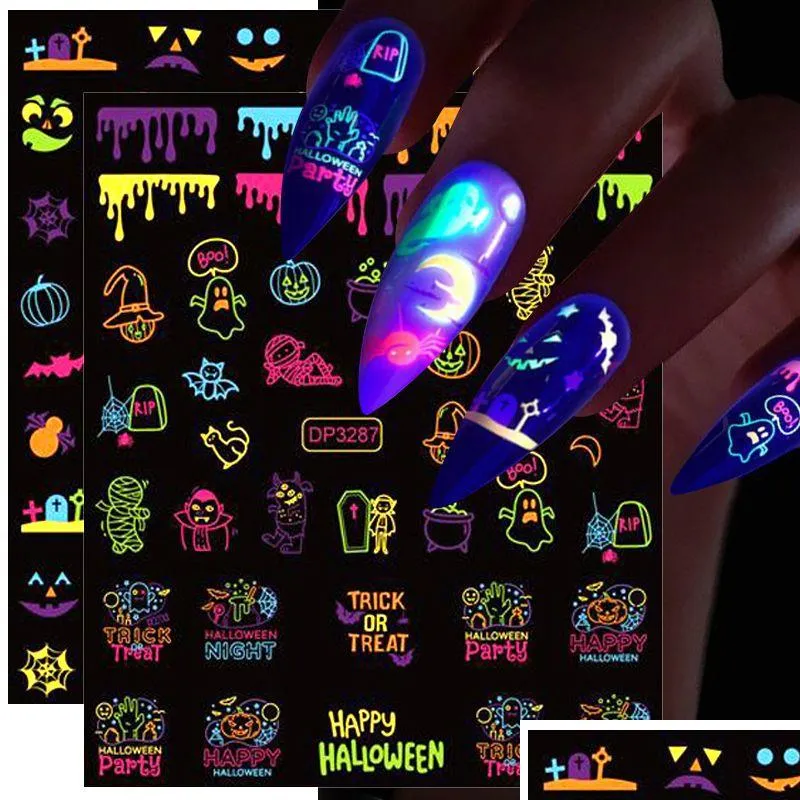 Klistermärken dekaler Colorf Halloween nagel glöd i den mörka neon lysande fluorescerande naglarna design för parti och bar självhäftande dhu07