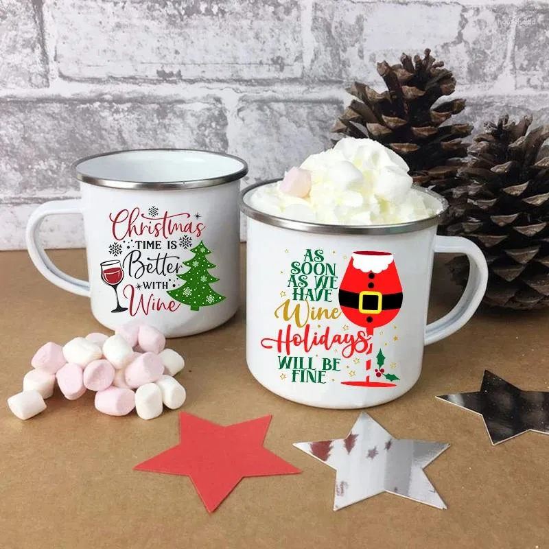 Mugs Santa Tree Print Creative Christmas Party Wine Juice Cups Decor Coffee Tea Drink Milk Cup Enamel Handle Drinkware Xmas Gift