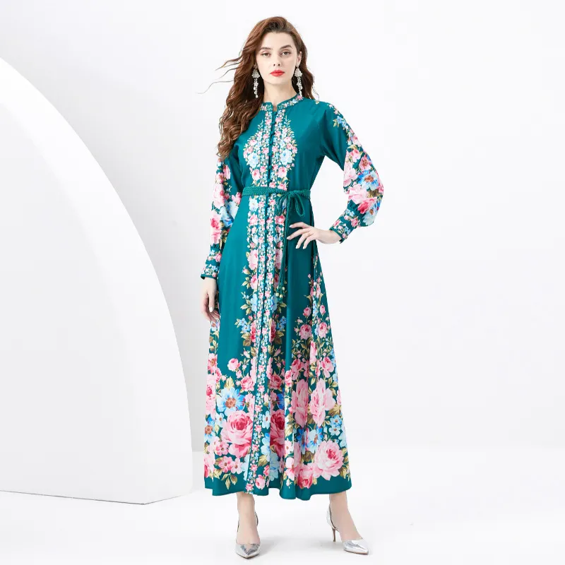 Casual Printemps Femmes Vert Floral Maxi Robes À Manches Longues Designer Col Montant Imprimé Bouton Cardigan Robe Dames Ceintures Arc Bureau Fête Robes De Rue Vêtements