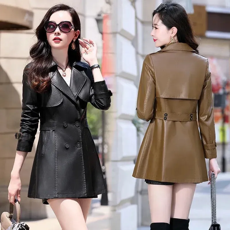 Jackets Autumn Women PU Leather Jacket Faux Soft Coat Long Coat Slim Doublebreasted Overcoat 2023 New Female Black Motorcycle Jackets