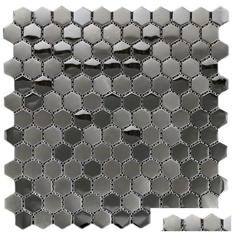 Bakgrundsbilder svart hexagonal rostfritt stål metallmosaikplattor för kök backsplash droppleverans hem trädgård dhx2c